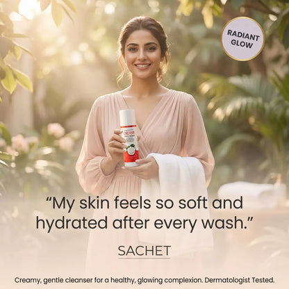 Woman holding a skincare product with text about skin hydration and a brand logo.