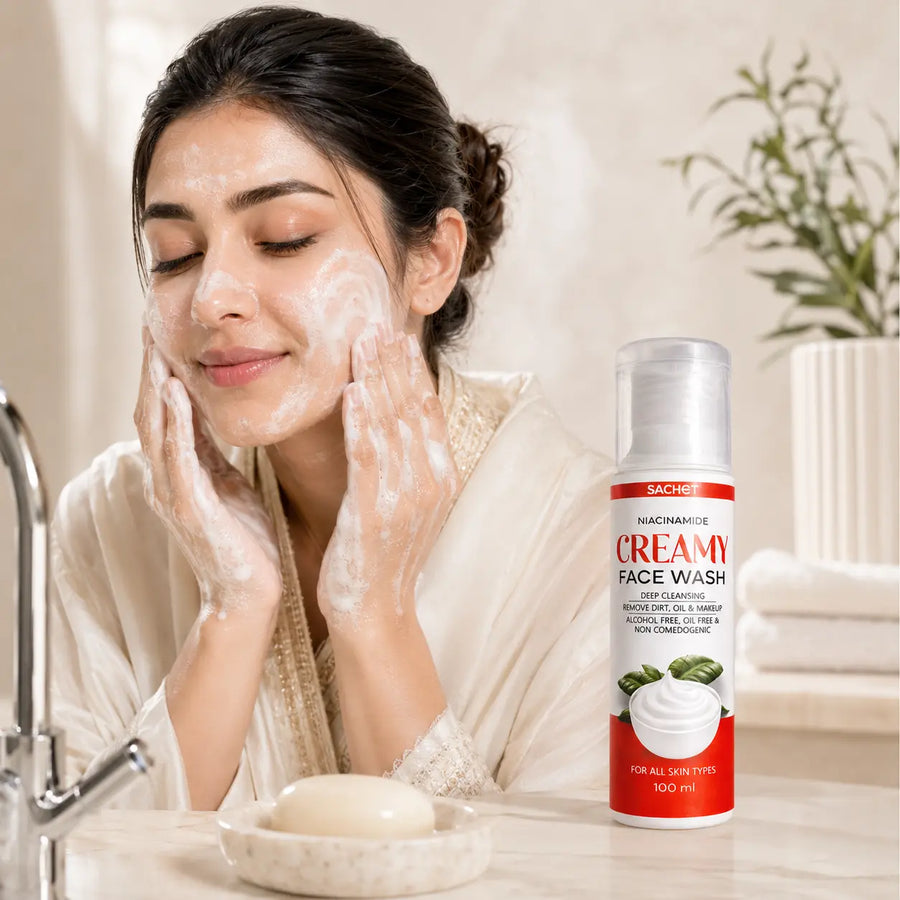 Woman holding a skincare product with text about skin hydration and a brand logo.