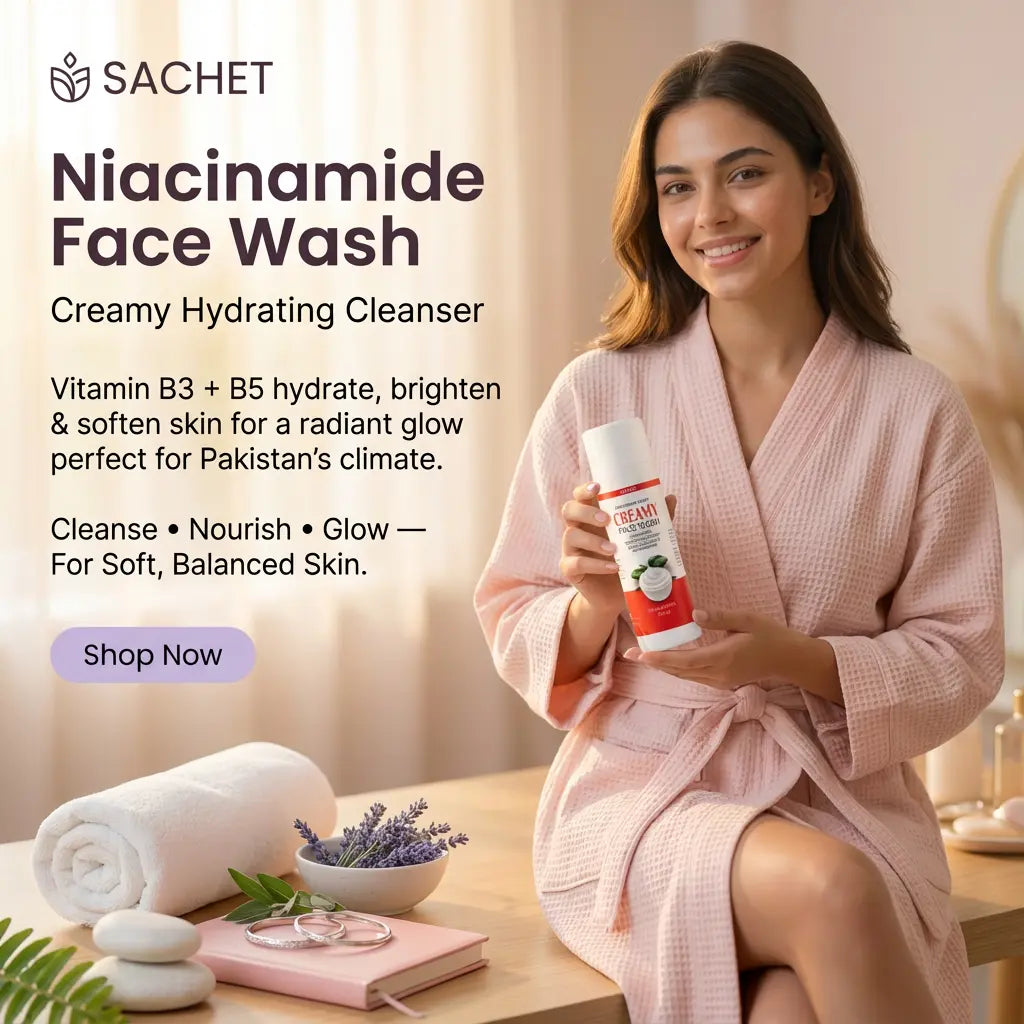 Woman holding a bottle of Sachet Niacinamide Face Wash with product details on a blurred background