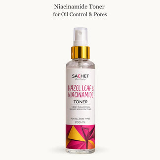 Sachet Niacinamide toner bottle with product details on a pink gradient background