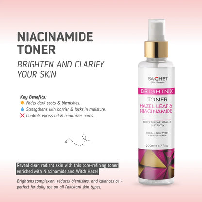 Sachet Niacinamide toner bottle with product details on a pink gradient background