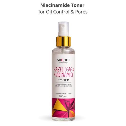 Sachet Niacinamide toner bottle with product details on a pink gradient background