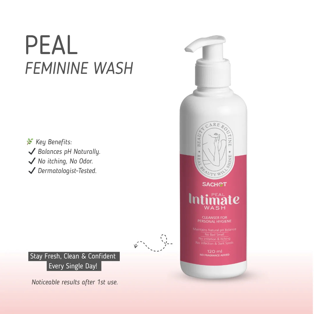 Sachet Peal Intimate Wash bottle with product details on a white background