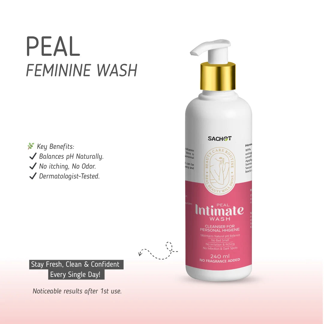 Sachet Peal Feminine Wash bottle with product details on a white background