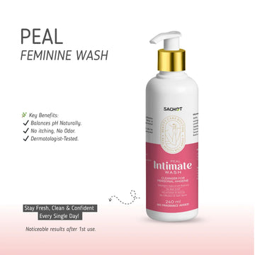 Sachet Peal Feminine Wash bottle with product details on a white background