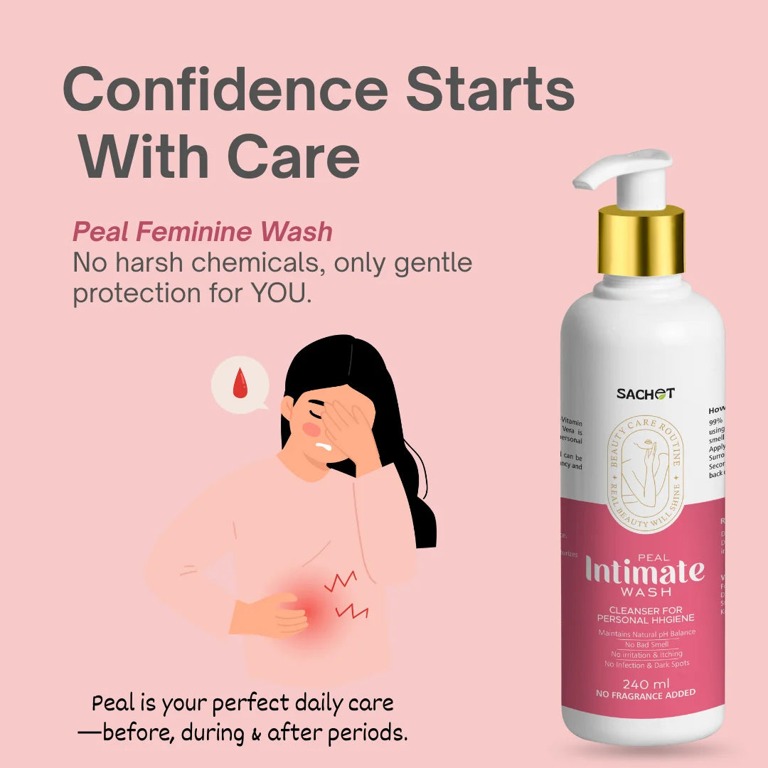 Sachet Peel Intimate Wash bottle with a woman experiencing discomfort on a pink background, text about product benefits.