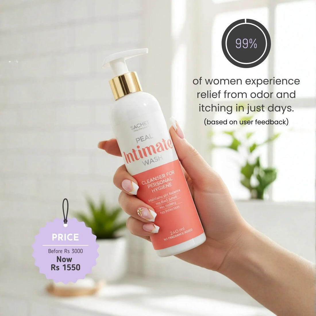 Hand holding a bottle of 'Real Intimate Wash' with promotional text and price tag.