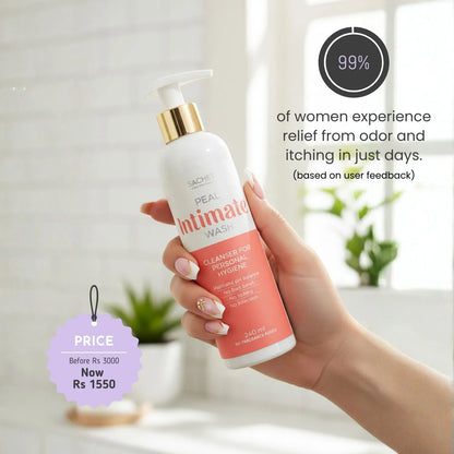 Hand holding a bottle of 'Real Intimate Wash' with promotional text and price tag.