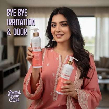 Woman holding peal intimate wash products with promotional text in a living room setting