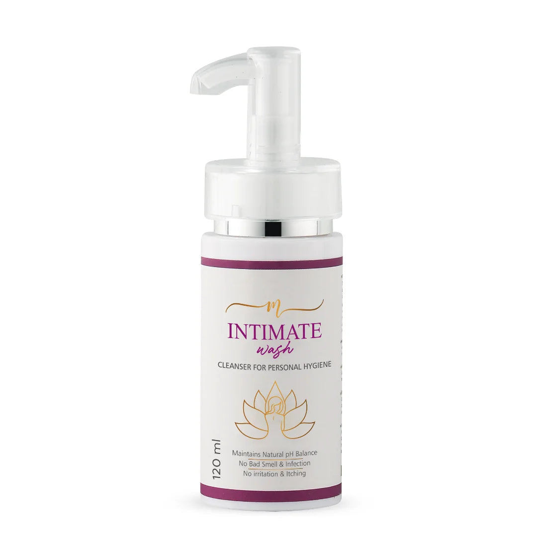 Bottle of intimate wash with pump on a white background