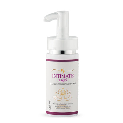 Bottle of intimate wash with pump on a white background