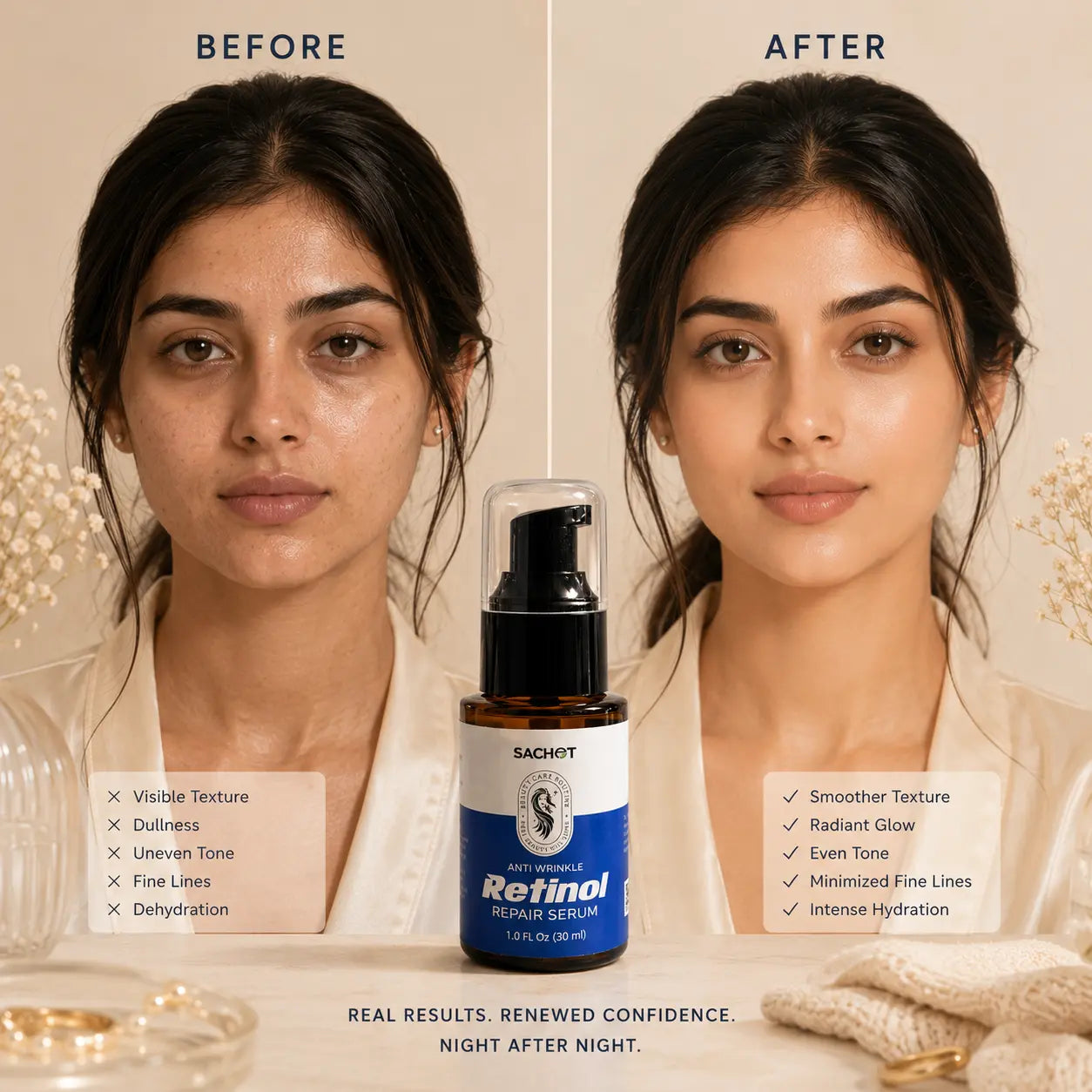Retinol serum smoother skin texture before and after