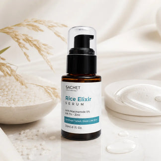 Sachet Rice Elixir serum bottle with product details on a light green background