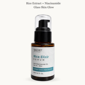 SACHET Rice Elixir Serum bottle on a light background with text about skin benefits.