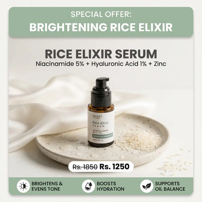 SACHET Rice Elixir Serum bottle on a light background with text about skin benefits.