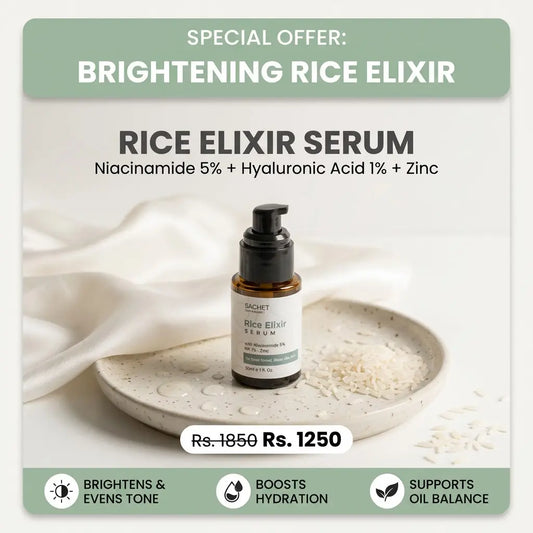 SACHET Rice Elixir Serum bottle on a light background with text about skin benefits.