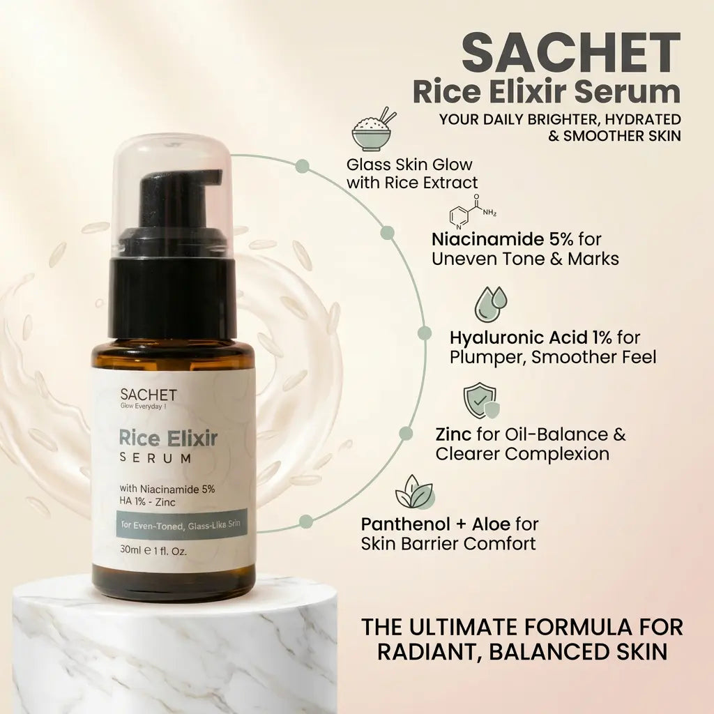 Sachet Rice Elixir Serum bottle with product details on a beige background