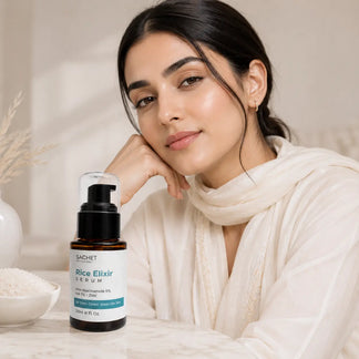 Sachet Rice Elixir Serum bottle with product details on a beige background