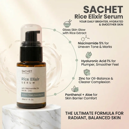 Sachet Rice Elixir Serum bottle with product details on a beige background