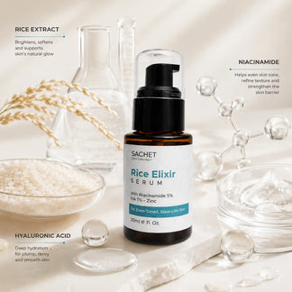 Sachet Rice Elixir Serum bottle with skincare benefits on a light pink background