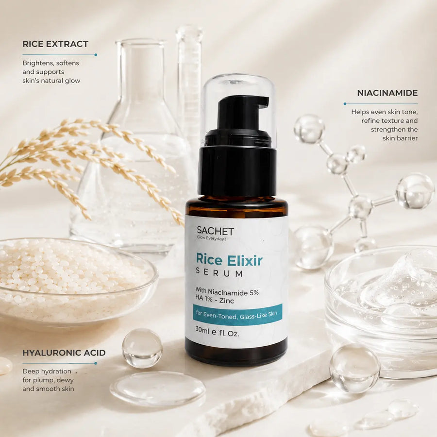Sachet Rice Elixir Serum bottle with skincare benefits on a light pink background
