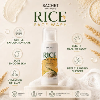 Sachet Rice Face Wash bottle with product details on a pink gradient background