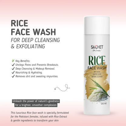 Sachet Rice Face Wash bottle with product details on a pink gradient background