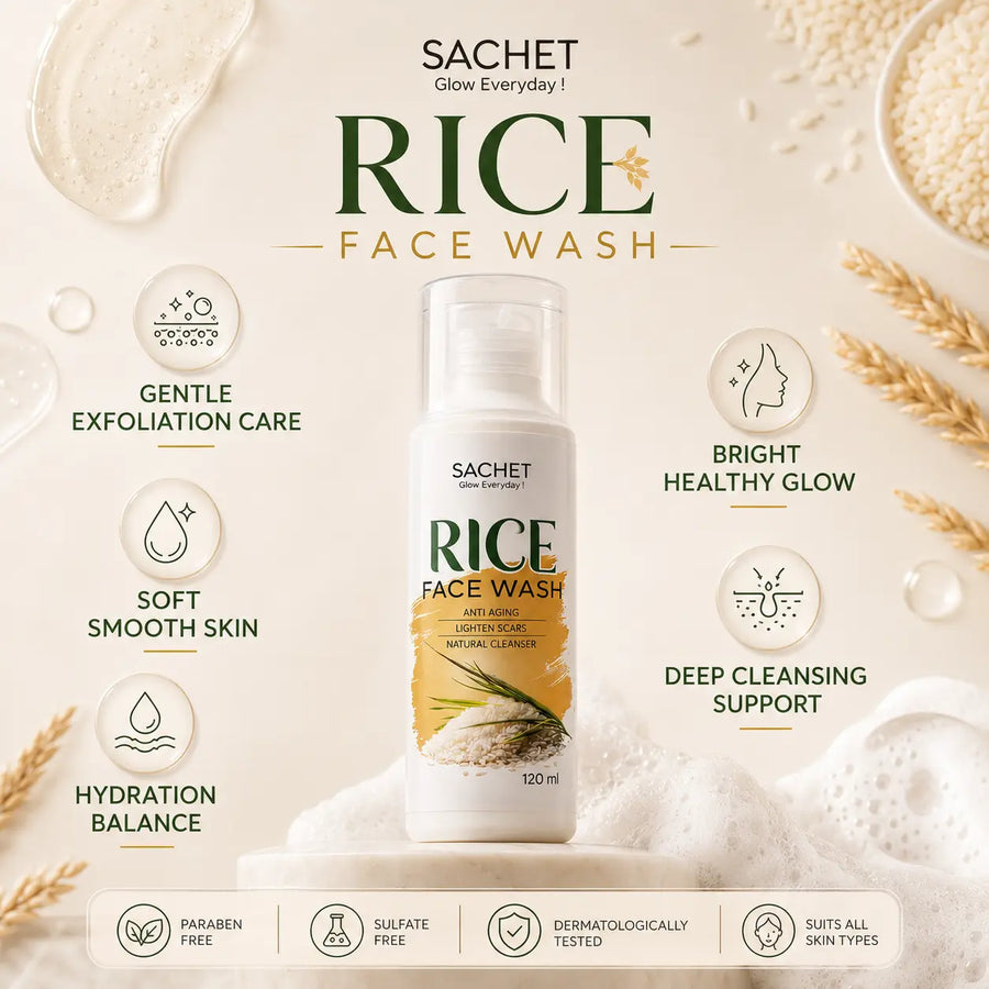 Sachet Rice Face Wash bottle with product details on a pink gradient background