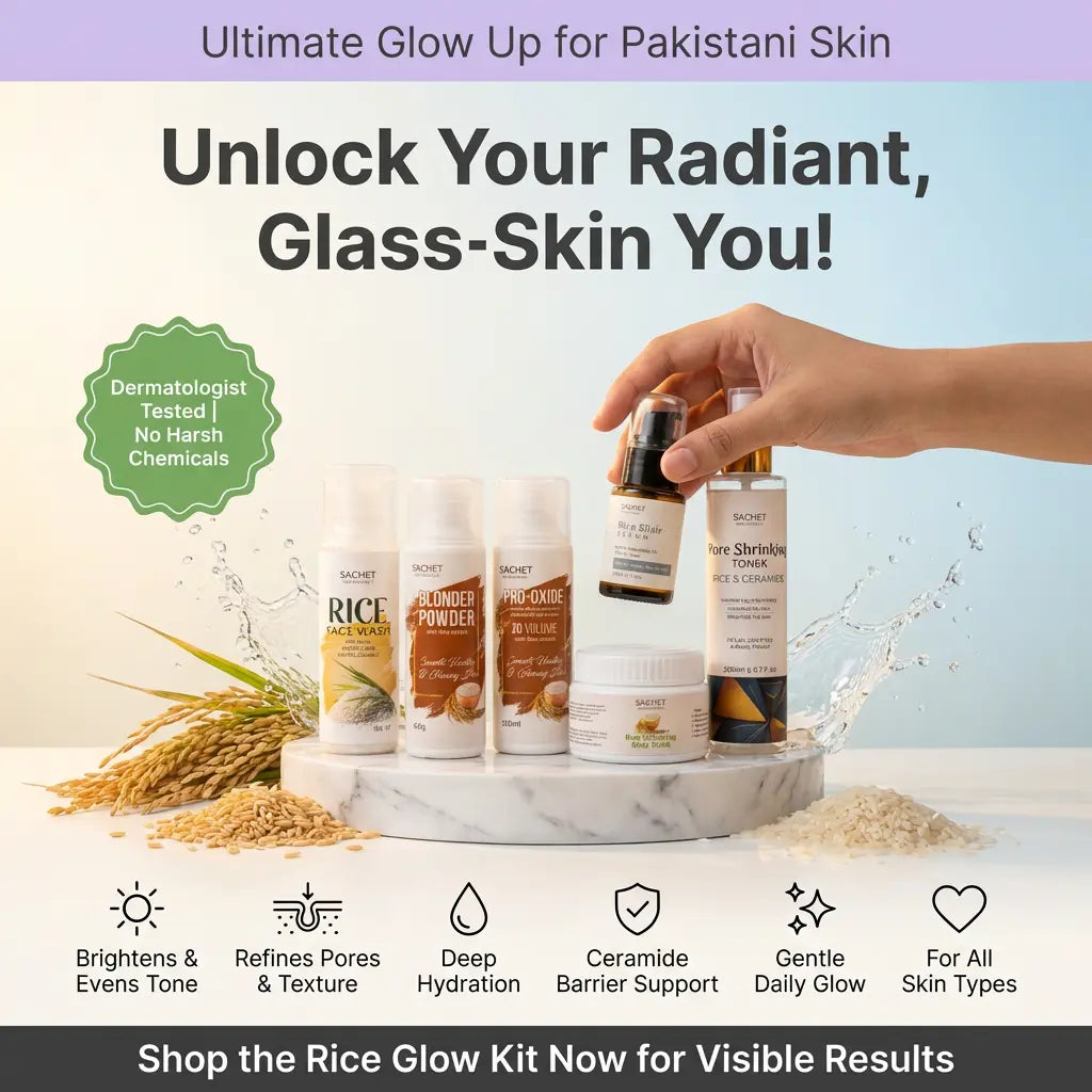 Cosmetic products with a hand holding a bottle, set against a light background with text about skincare benefits.