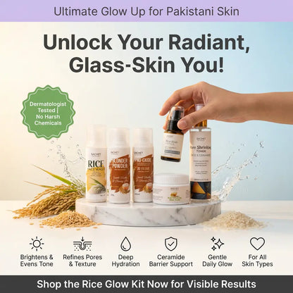Cosmetic products with a hand holding a bottle, set against a light background with text about skincare benefits.