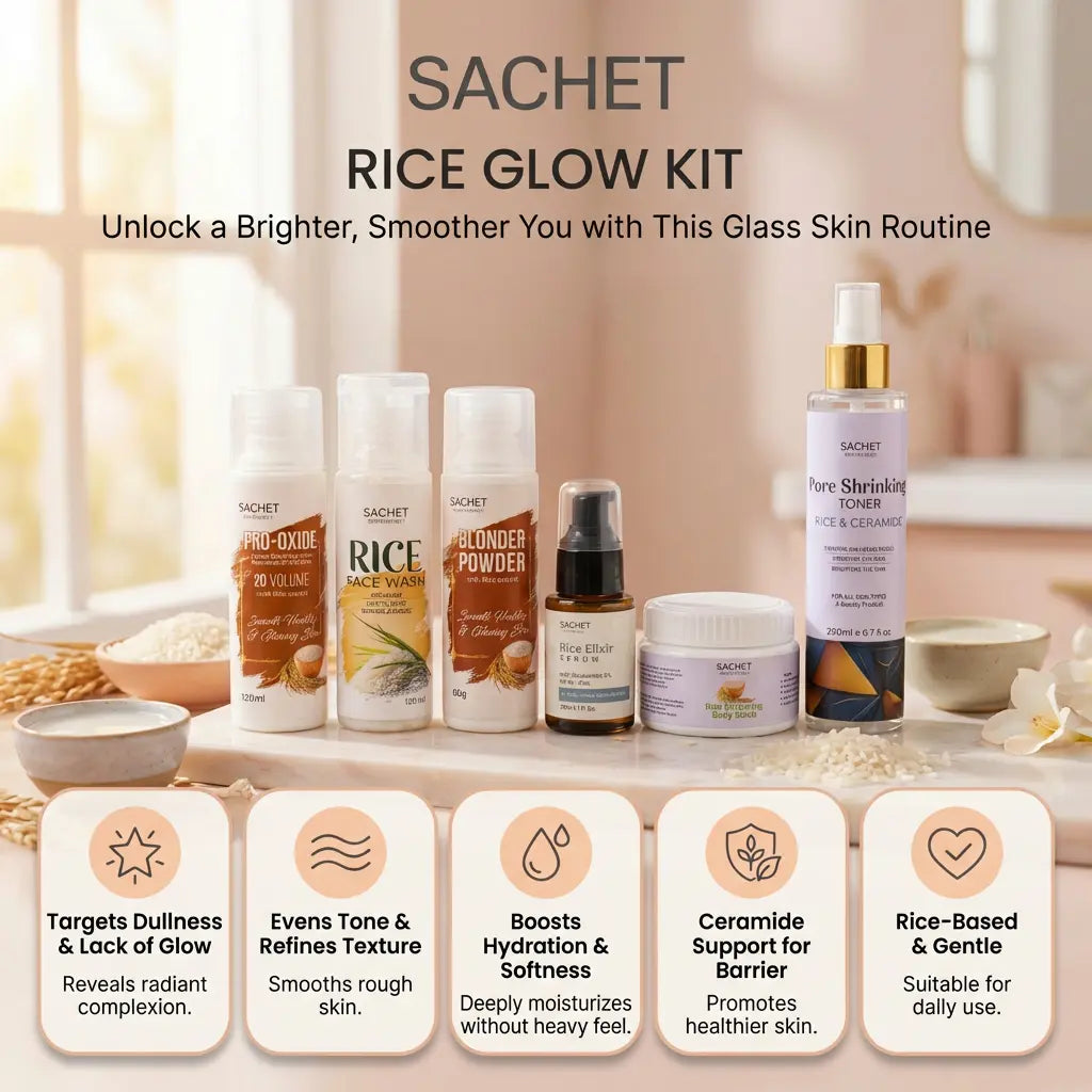 Sachet Rice Glow Kit with various skincare products on a neutral background