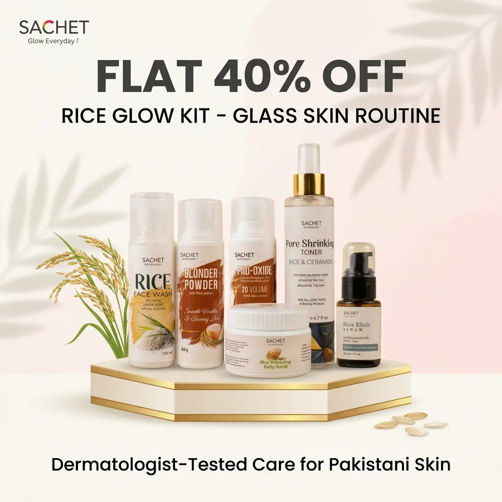Cosmetic products on a stand with promotional text for a rice glow kit and glass skin routine.