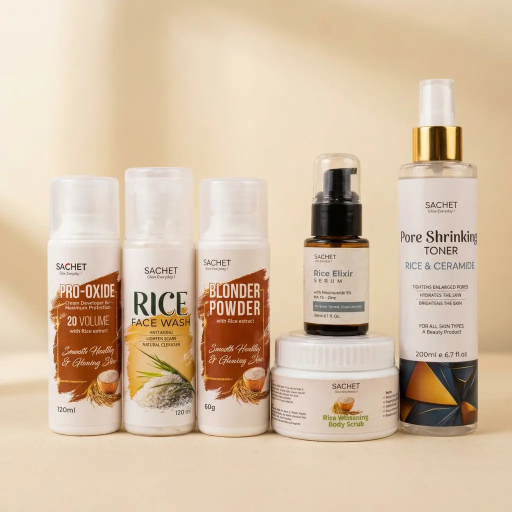 Collection of Sachet skincare products on a beige background