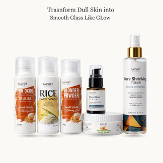 Collection of Sachet skincare products on a beige background