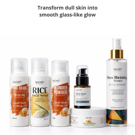 Collection of Sachet skincare products on a beige background