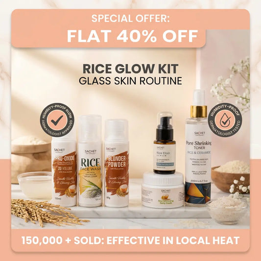 Rice glow kit with skincare products on a marble surface, featuring a special offer banner.