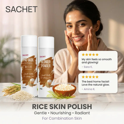 Woman using rice skin polish with Sachet products and positive reviews displayed.
