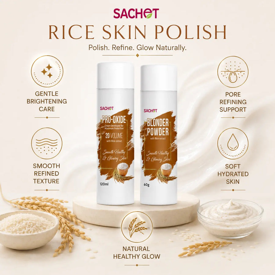 Woman using rice skin polish with Sachet products and positive reviews displayed.