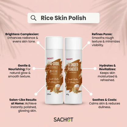 Sachet Rice Skin Polish products with features on a pink background