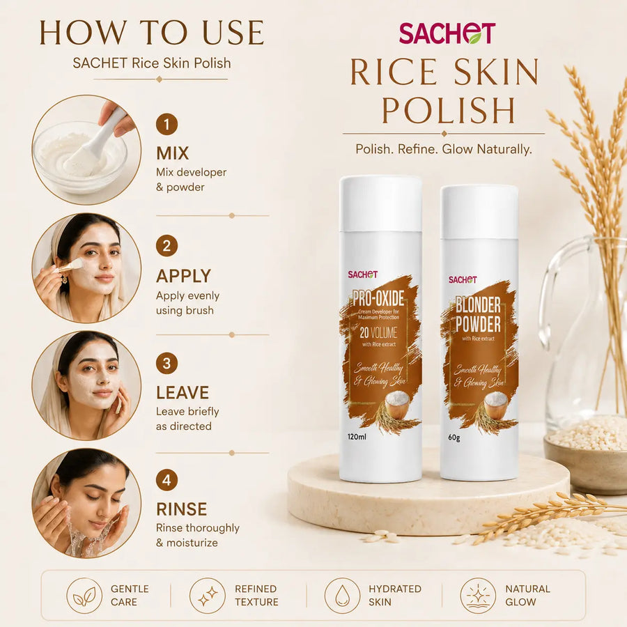 Sachet Rice Skin Polish products with features on a pink background