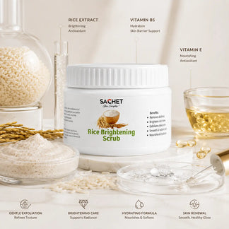 Jar of Sachet Rice Whitening Body Scrub with rice grains and a decorative background