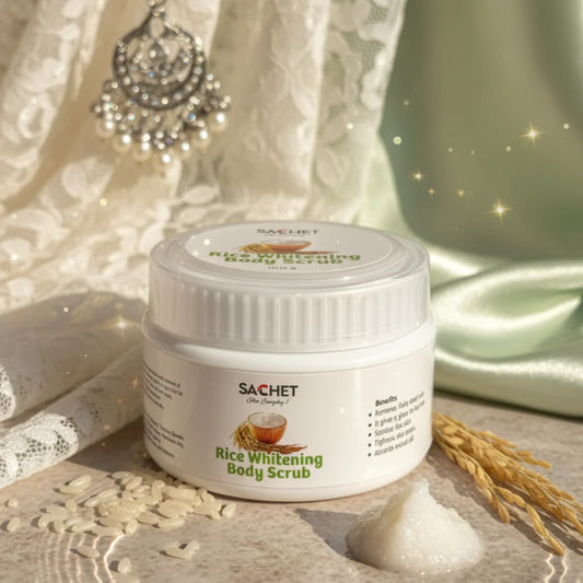 Jar of Sachet Rice Whitening Body Scrub with rice grains and a decorative background