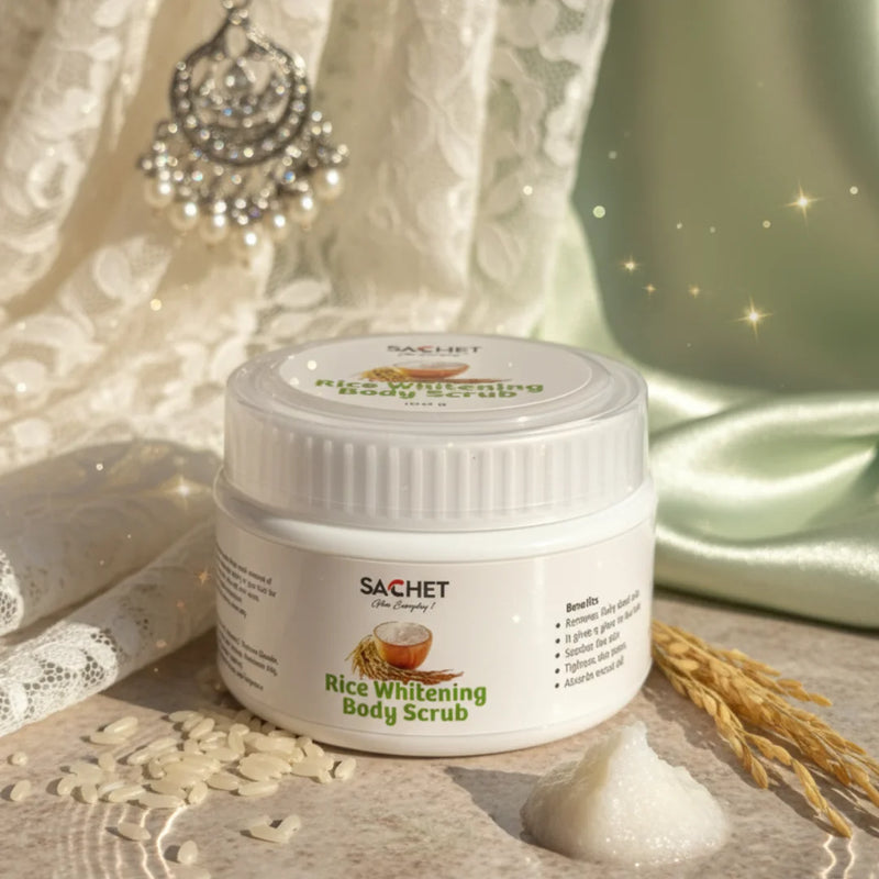 Jar of Sachet Rice Whitening Body Scrub with rice grains and a decorative background