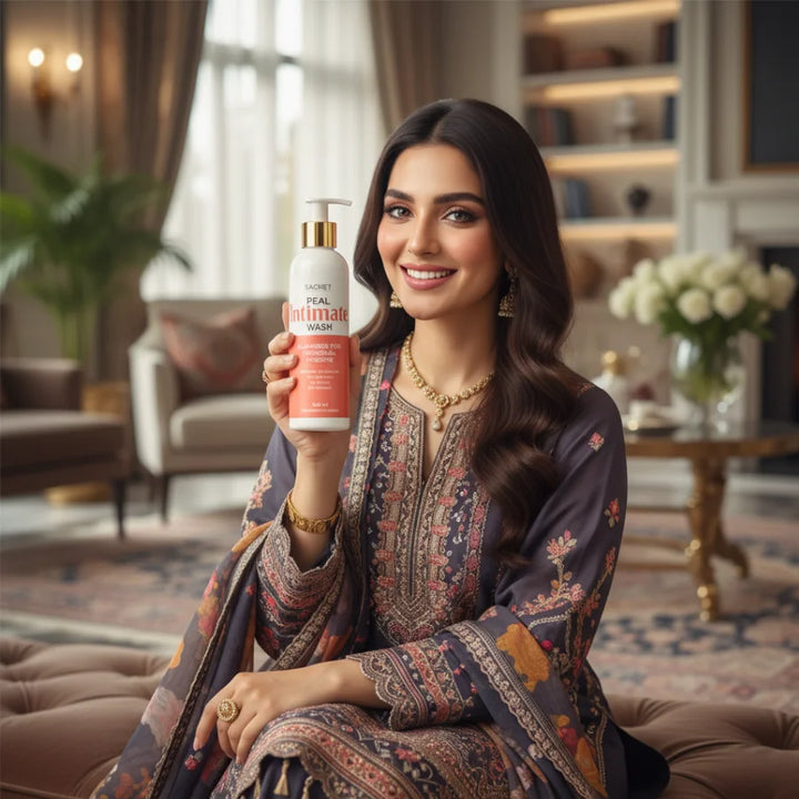 Pakistani woman holding Peal Feminine Wash testimonial shot