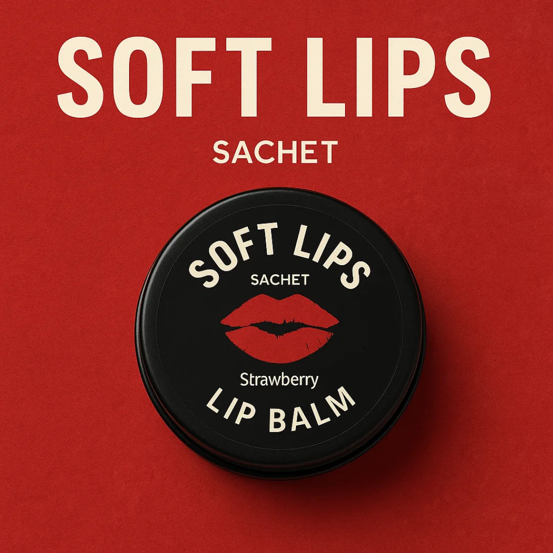 Black lip balm container with 'Soft Lips Sachet' branding on a red background