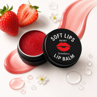 Black lip balm container with 'Soft Lips Sachet' branding on a red background