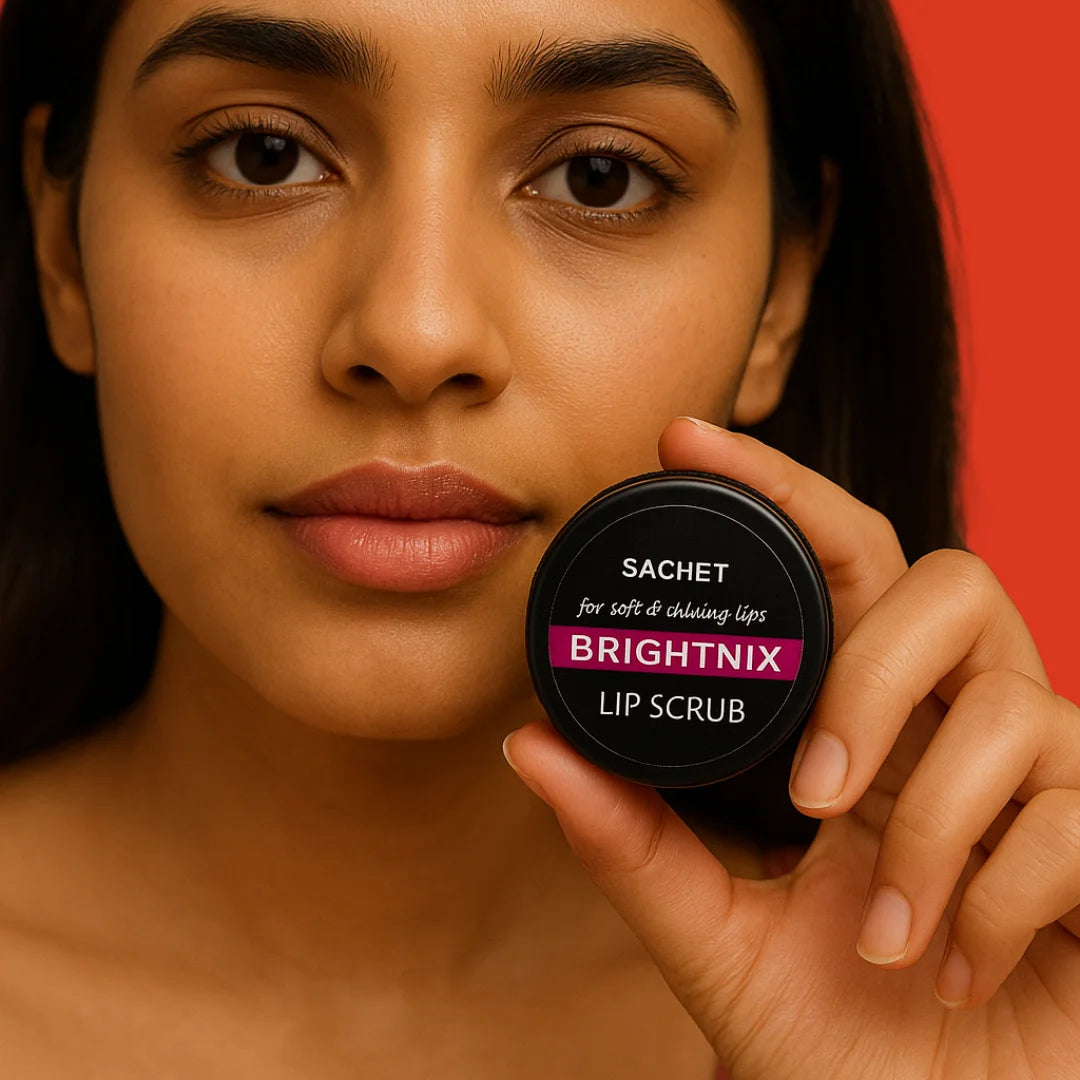 Woman holding a Sachet Brightnix lip scrub container against a red background
