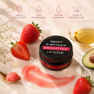Woman holding a Sachet Brightnix lip scrub container against a red background