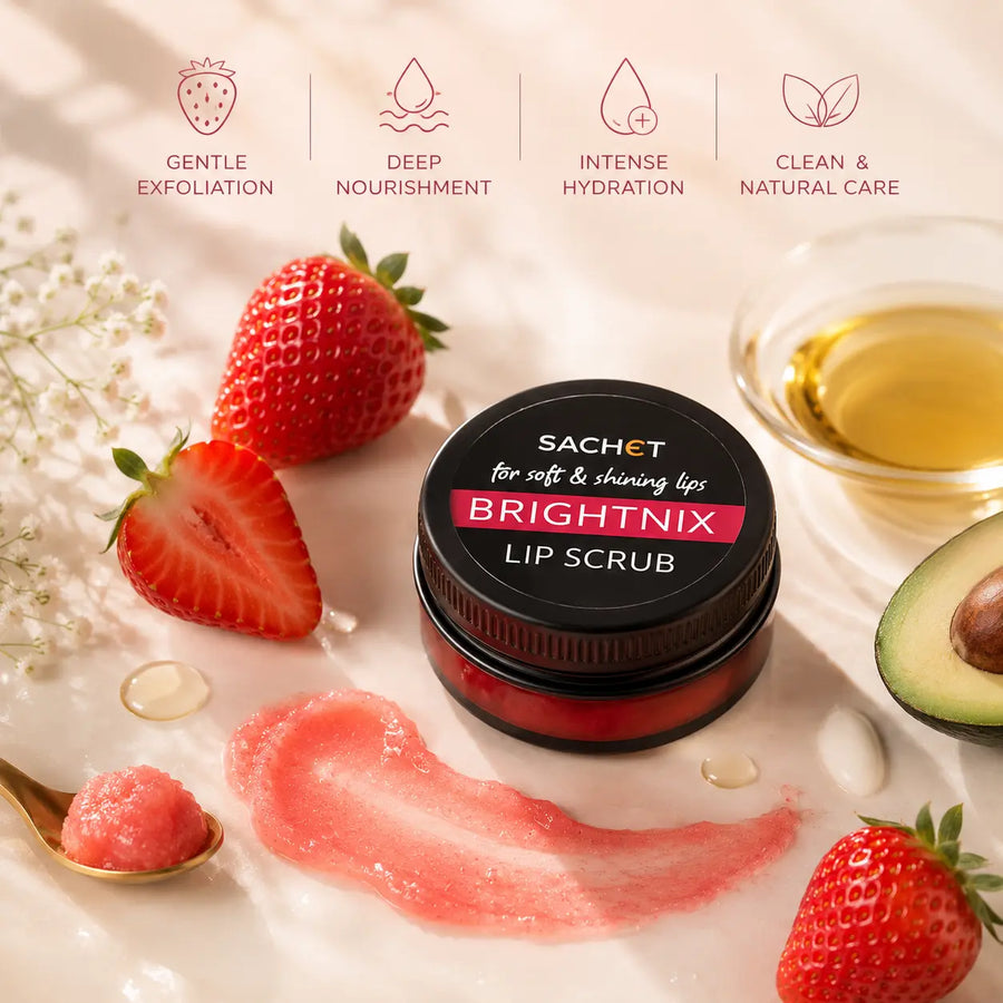 Woman holding a Sachet Brightnix lip scrub container against a red background