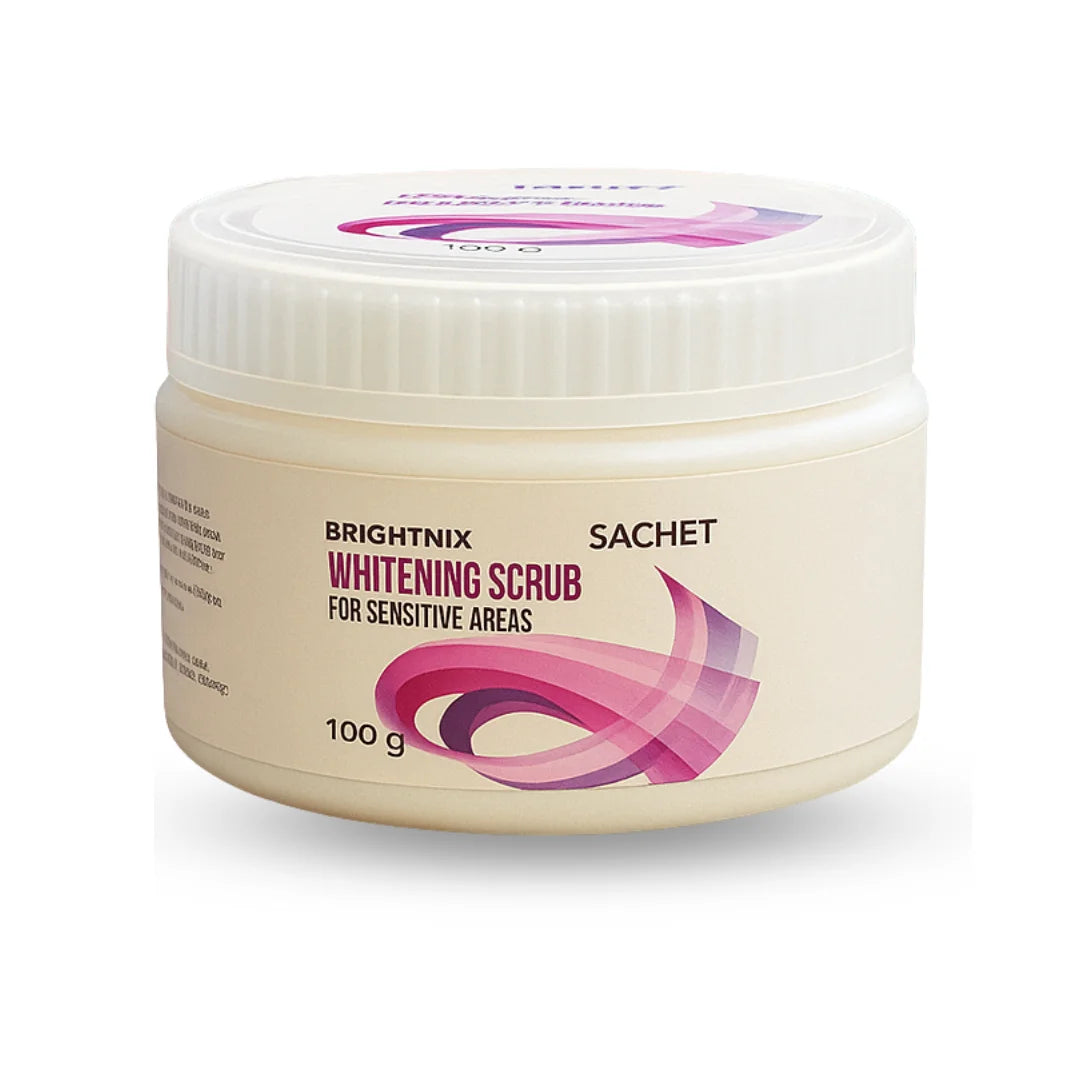 Jar of Brightnix Whitening Scrub for sensitive areas on a white background